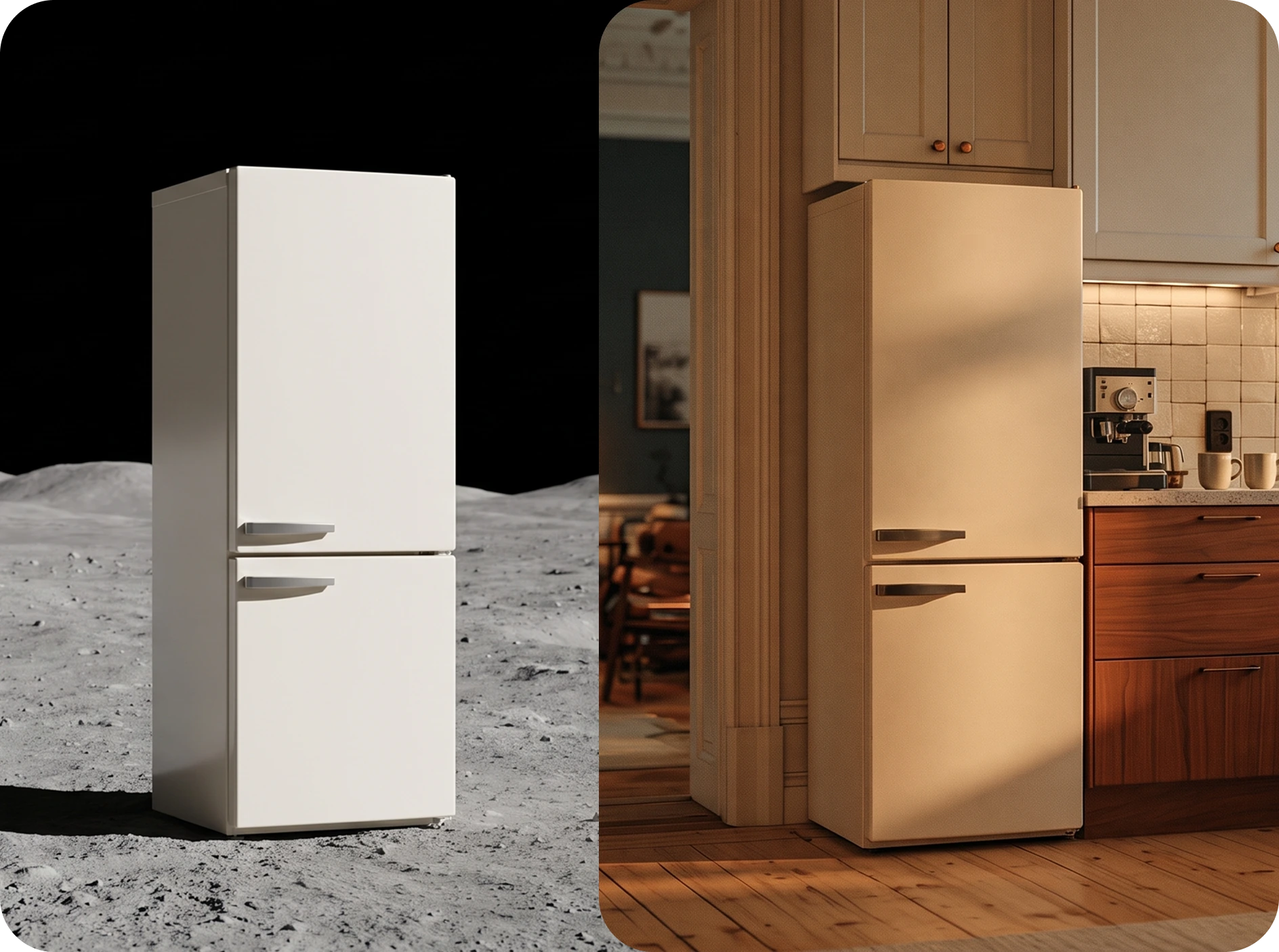 Comparaison du réfrigérateur entre la Lune et la cuisine