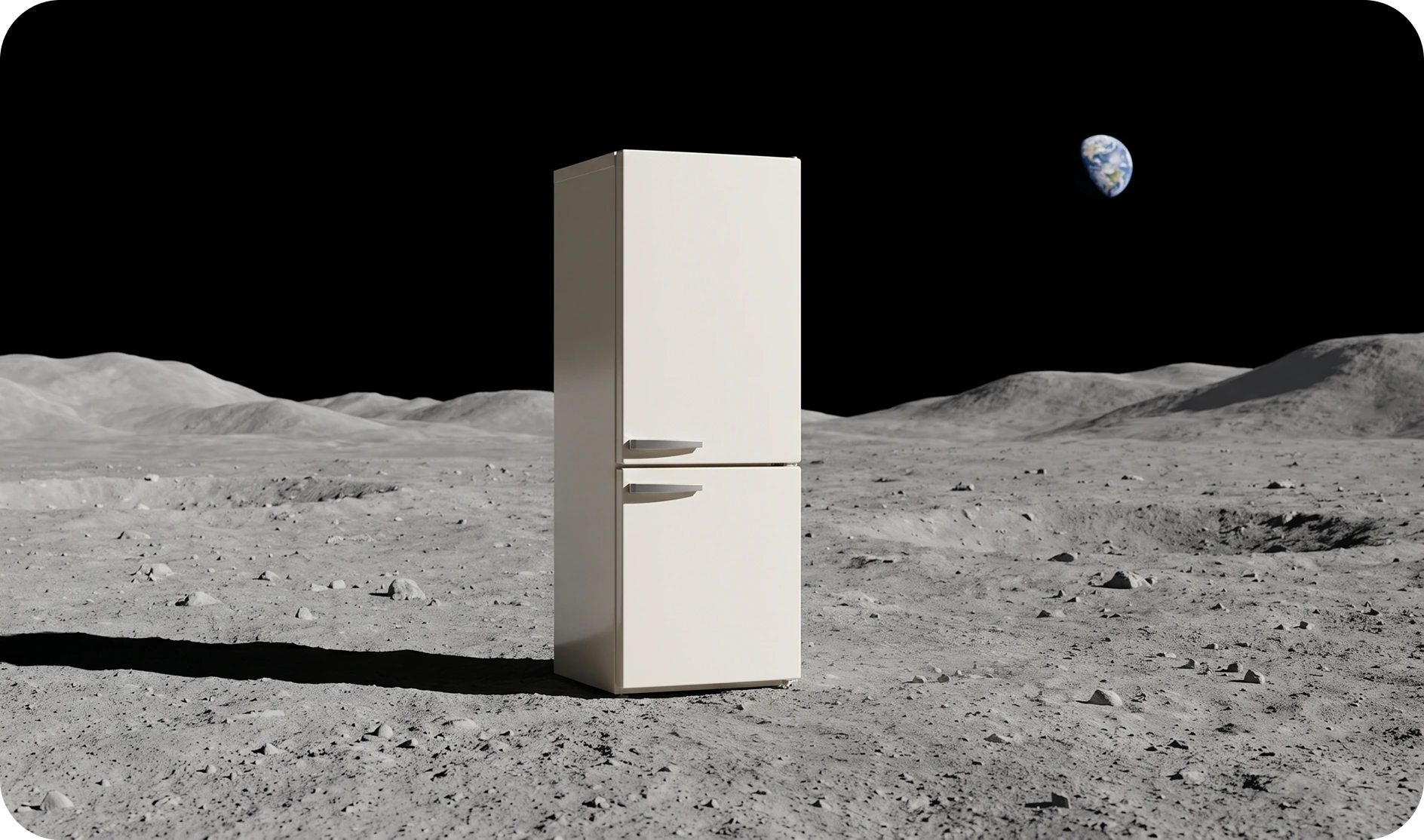 Réfrigérateur crème sur le sol lunaire, sous la Terre