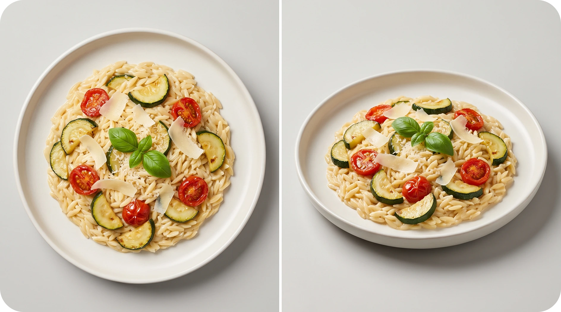 Plat d’orzo, légumes et basilic, vu du dessus et de trois quarts