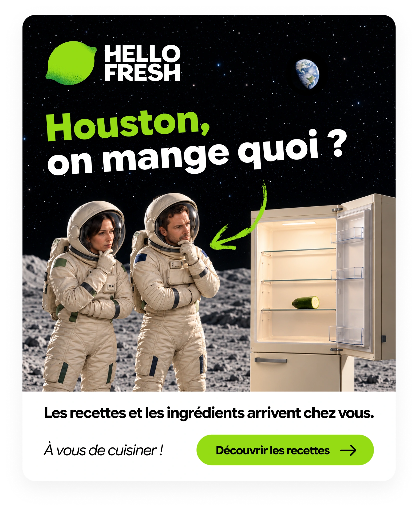 HelloFresh : Houston, on mange quoi ? Deux astronautes devant leur réfrigérateur.