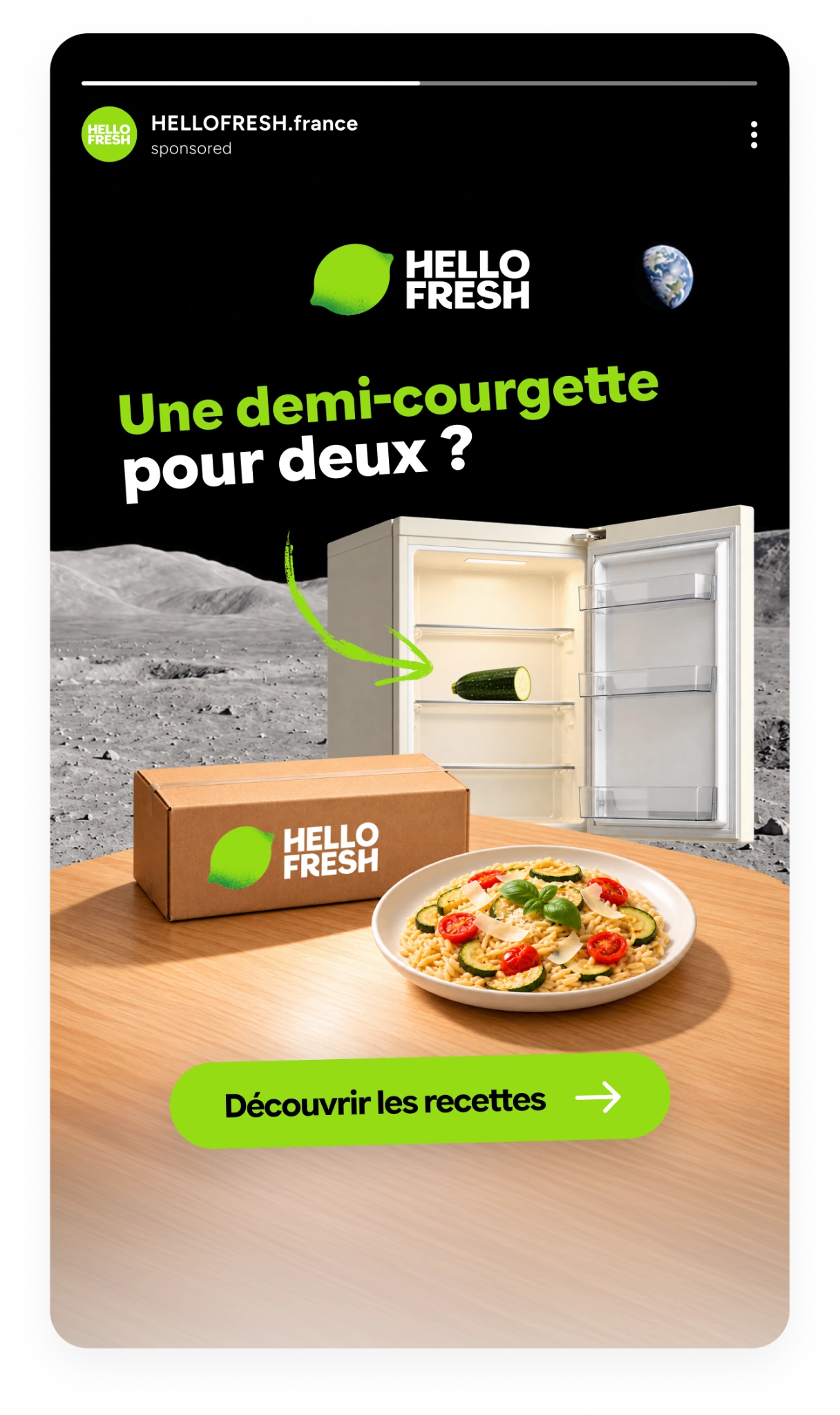 Story HelloFresh : Une demi-courgette pour deux ? Une box et un plat prêt à partager.