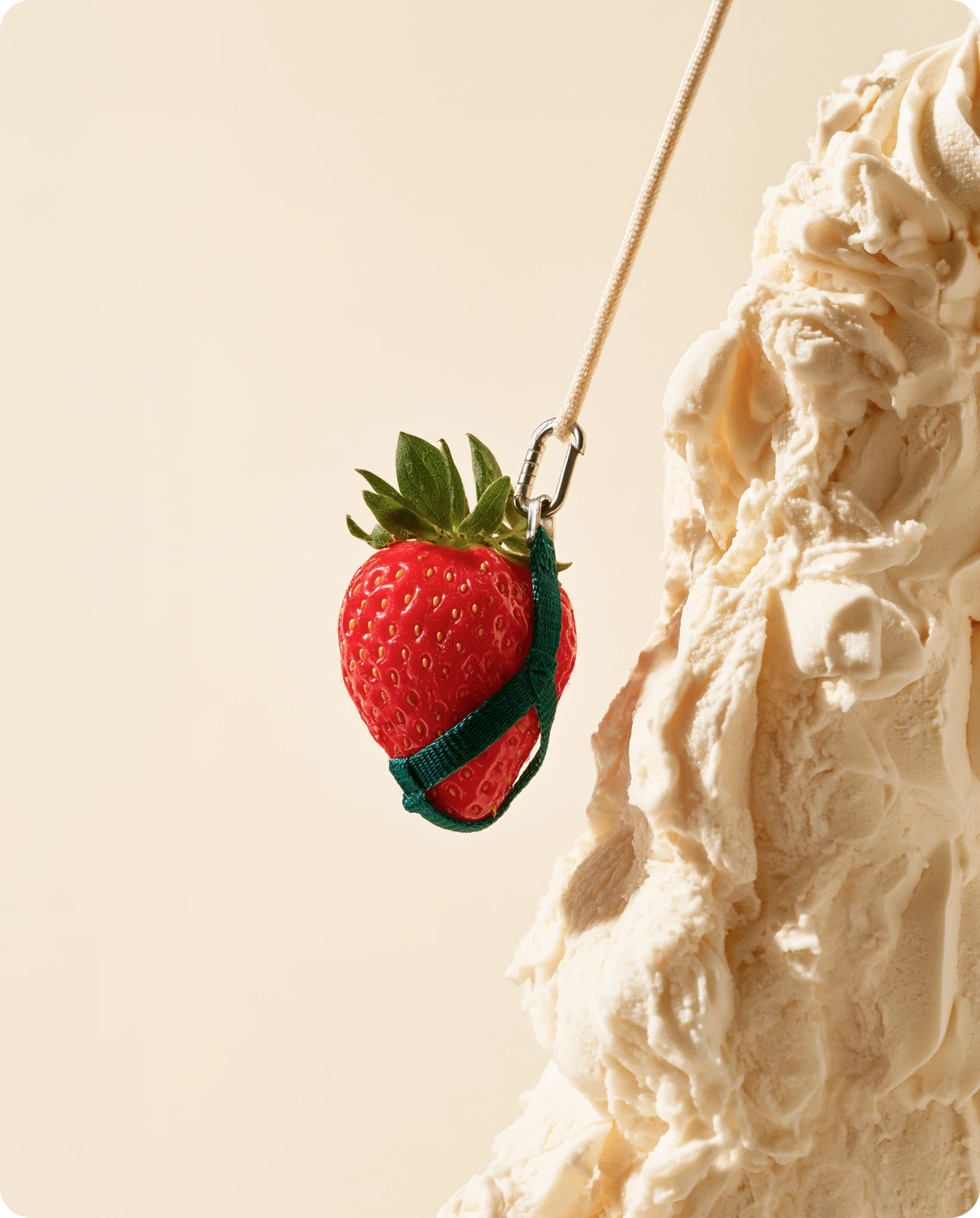 Une fraise en escalade sur une falaise de crème.