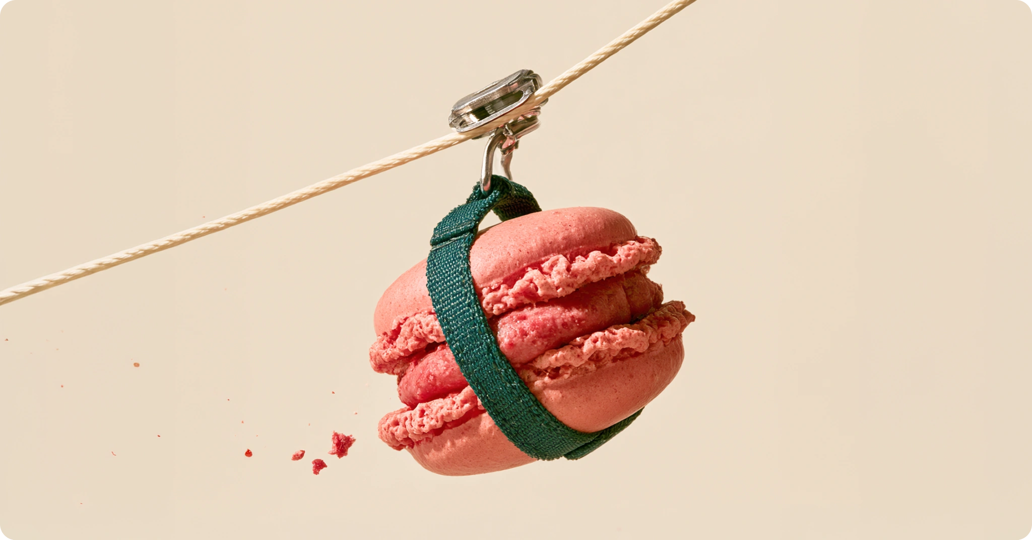 Un macaron rose suspendu à une tyrolienne.
