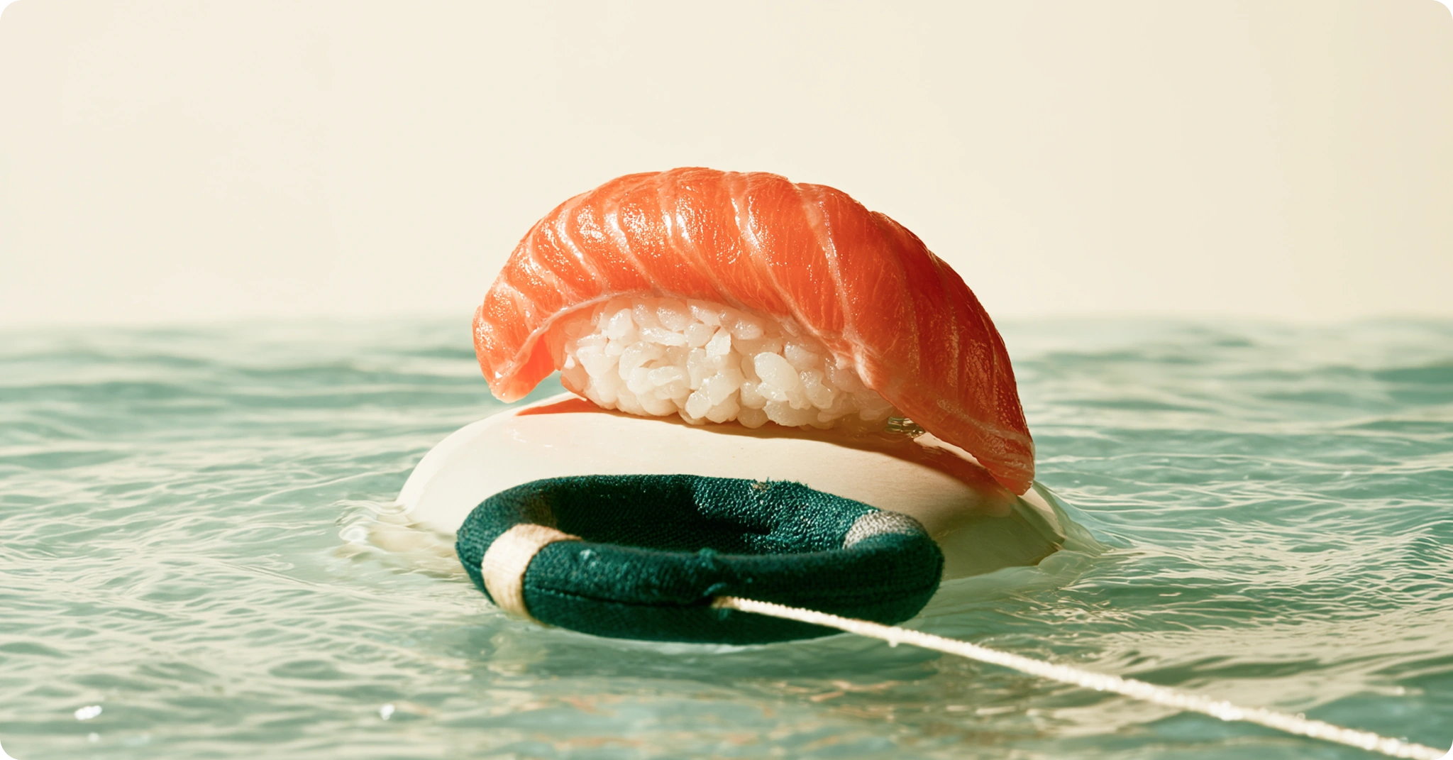 Un sushi sur sa bouée dans une eau turquoise.